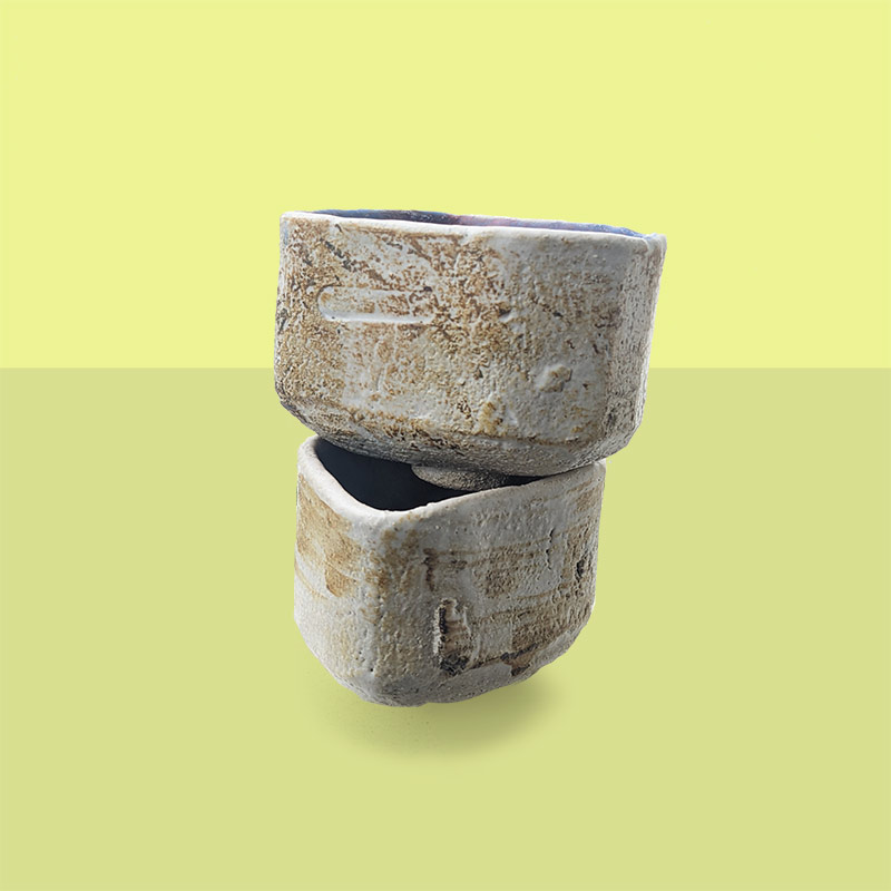 Two stoneware chawan stacked one on top of the other